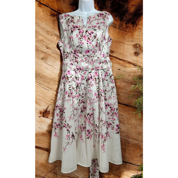 Cherry Blossom Print Dupioni Midi Dress Sz 16 Split Boat Neck Sash Belt New - Picture 2 of 13